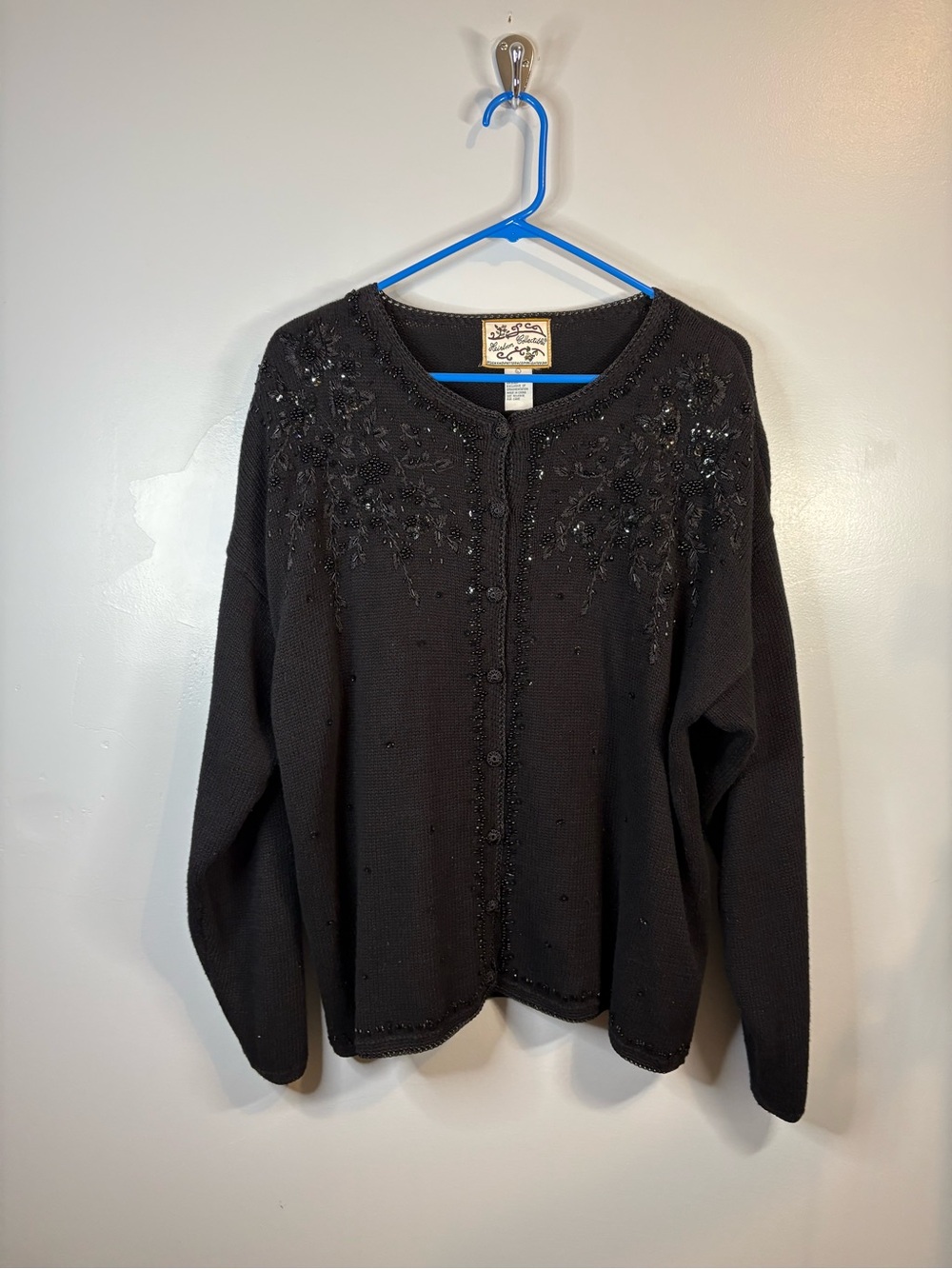 Vintage Heirloom Collectibles Black Beaded Knit Cardigan Sweater Cotton-Blend L